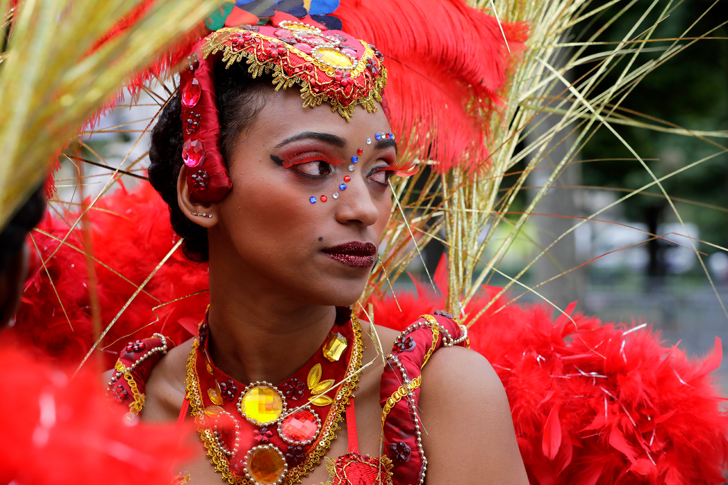 Portrait de profil d'une danseuse portant un costume rouge et or orné de plumes rouges.