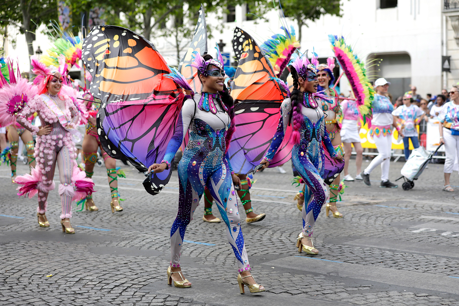 Plusieurs danseuses costumées en papillons défilent dans les rues de Paris.
