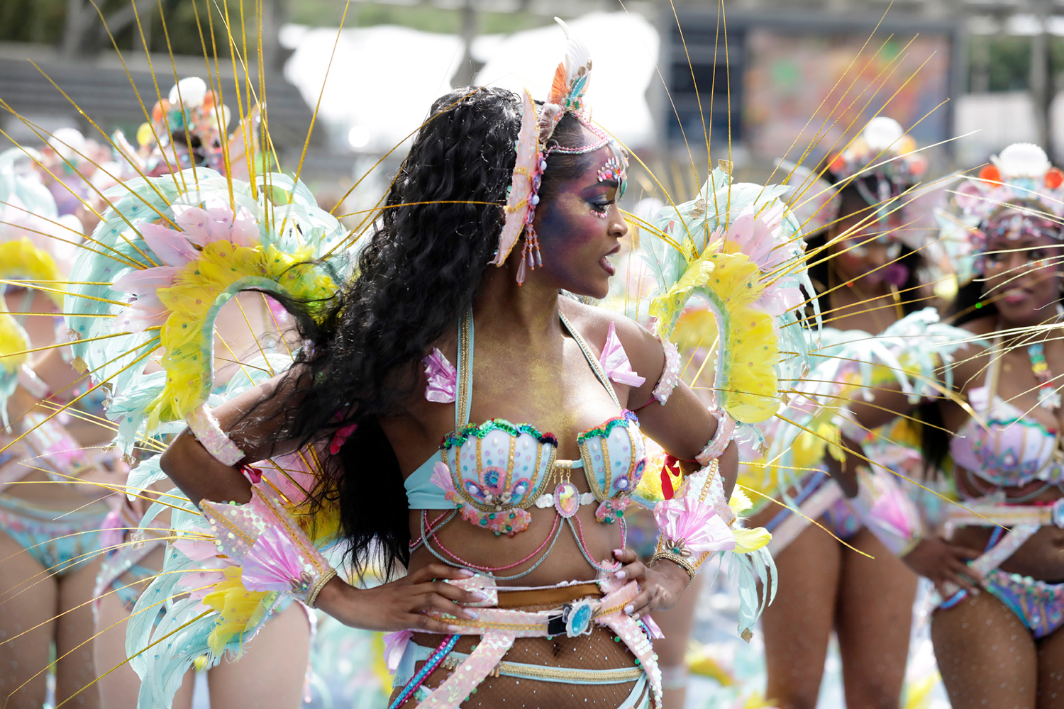 Danseuse de profil portant un costume pastel composé d'ailes décoratives et de plumes.