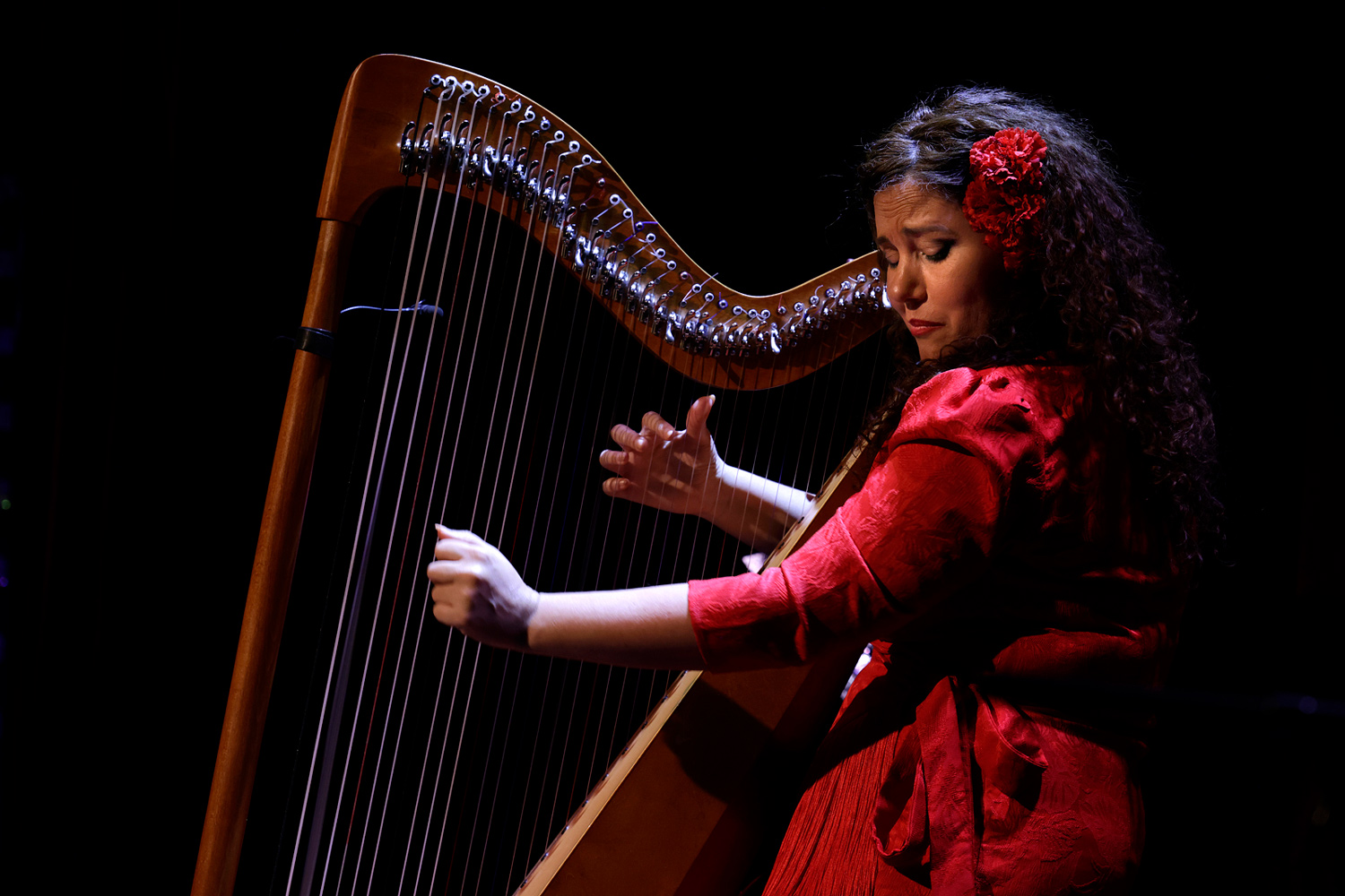 Ana Crismán, harpiste flamenca, lors du concert de sortie de l’album « Arpa Flamenca » au Studio de l’Ermitage à Paris en 2026